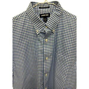 Lands’ End Shirt Men's L 16 Blue Plaid Button Up 100% Cotton Short Sleeve